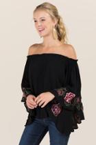 Blue Rain Aleen Floral Embroidered Ruffle Off The Shoulder Top - Black