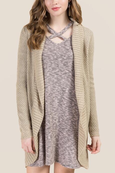 Francesca's Haylie Cable Back Rib Trim Cardigan - Heather Oat