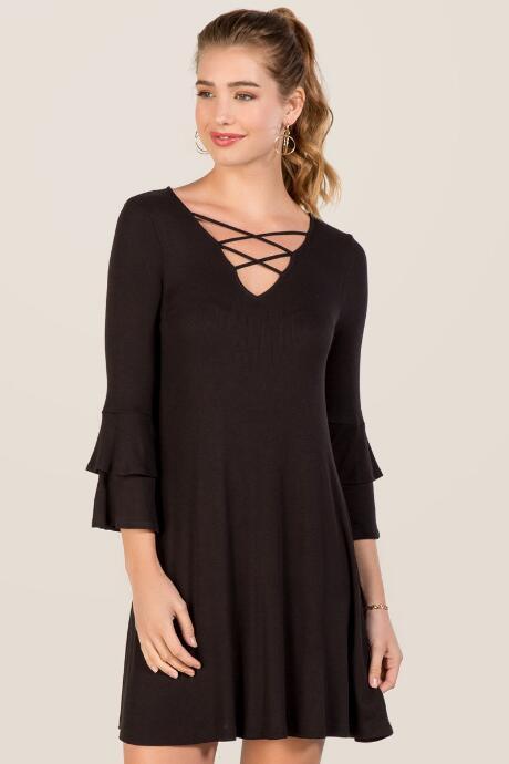 Alya Alana Lattice Neck Ruffle Sleeve Knit Dress - Black