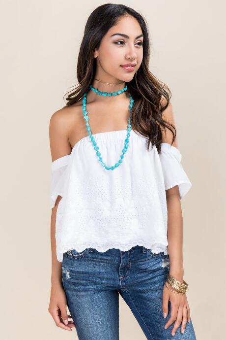 Francesca's Rylee Eyelet Scallop Off The Shoulder Top - White
