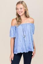 Blue Rain Kiley Off The Shoulder Embroidered Top - Oxford Blue