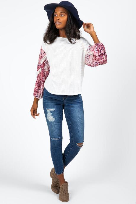Francesca's Omelia Contrast Sleeve Top - Ivory