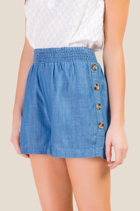 Francesca's Isla Smocked Side Button Shorts - Medium Wash