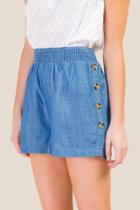 Francesca's Isla Smocked Side Button Shorts - Medium Wash