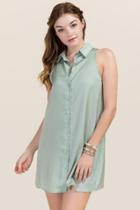 Francesca's Sage Pocket Satin Shirt Dress - Sage