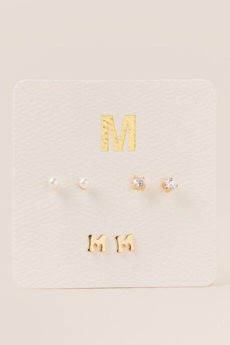 Francesca's M Initial Cubic Zirconia Pearl Stud Earring Set - Gold