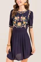 Francesca Inchess Thea Embroidered Babydoll Shift Dress - Navy