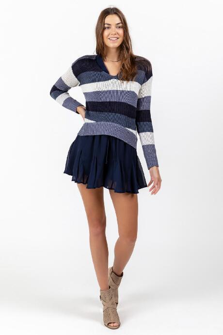 Francesca's Iyla Striped V-neck Sweater - Navy