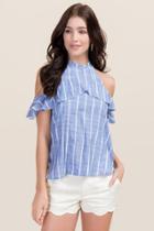 Blue Rain Racquel Cold Shoulder High Neck Stripe Top - Oxford Blue