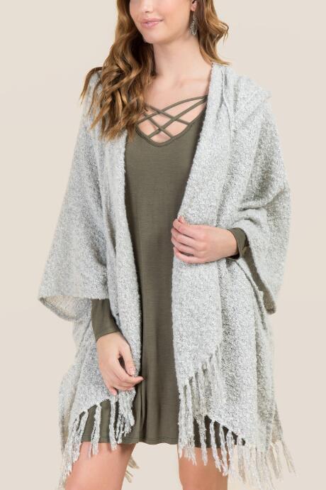 Francesca's Felicia Hooded Tassel Ruana - Heather Gray