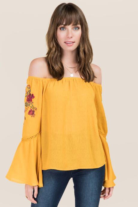 Francesca Inchess Reyna Floral Embroidered Salsa Sleeve Top - Marigold