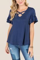 Blue Rain Elana Double Ruffle X Neck Knit Tee - Navy