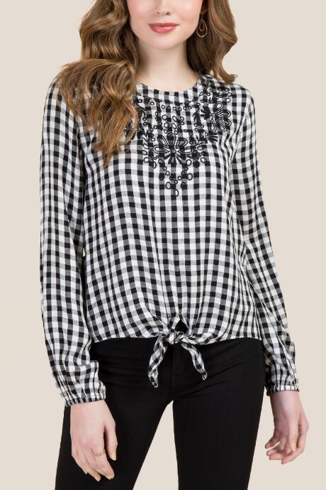 Francesca's Cleo Gingham Knot Front Embroidered Top - Black/white