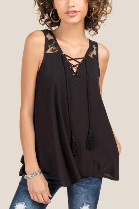 Francesca Inchess Carlota Lattice Laced Back Tank Top - Black