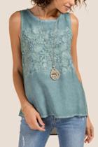 Francesca's Nikki Floral Embroidered Mineral Wash Tank - Teal