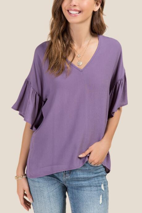 Francesca Inchess Gloria Ruffle Sheared V-neck Blouse - Vintage Purple