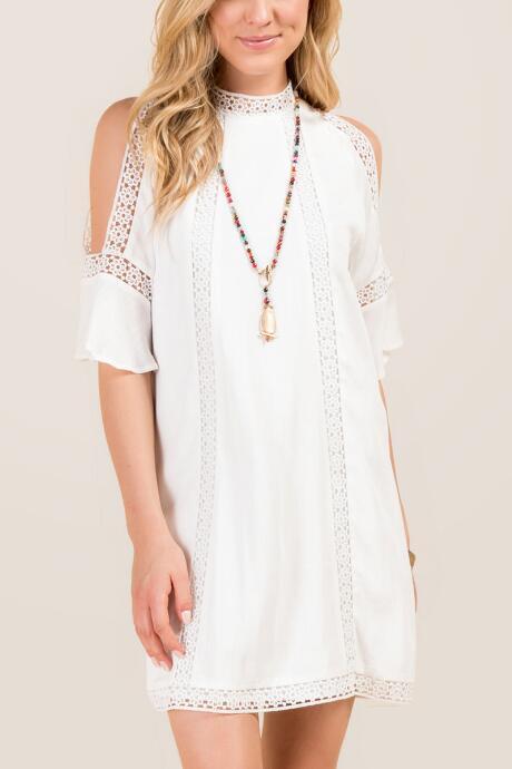 Francesca's Kaitlyn Cold Shoulder Crochet Panel Shift Dress - White