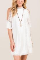 Francesca's Kaitlyn Cold Shoulder Crochet Panel Shift Dress - White