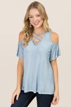 Alya Aya Lattice Cold Shoulder Mineral Wash Knit Tee - Indigo
