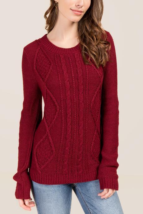Francesca's Neela Crew Cable Front Sweater - Wine