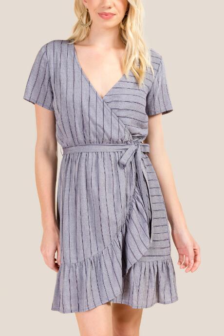 Francesca's Delores Striped Ruffle Wrap Dress - Chambray