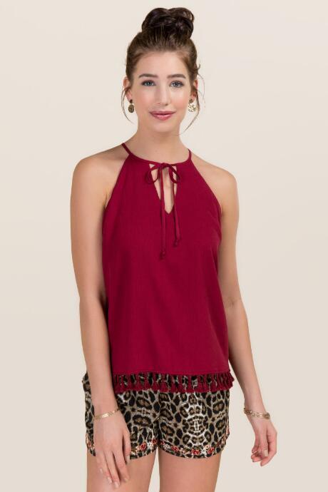 Alya Shelia Peasant Neck Tassel Tank - Wine