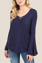 Francesca's Elliott Lettuce Edge Bell Sleeve Top - Navy