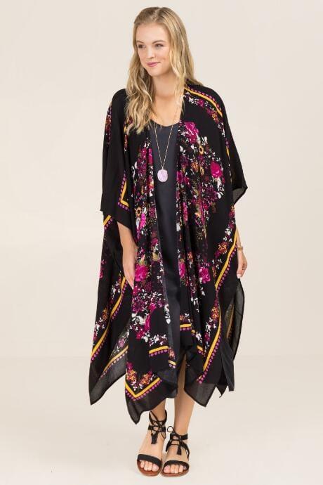 Blue Rain Ysabelle Floral Oversized Kimono - Black