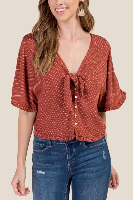 Francesca's Shae Tie Front Ruffled Blouse - Cinnamon