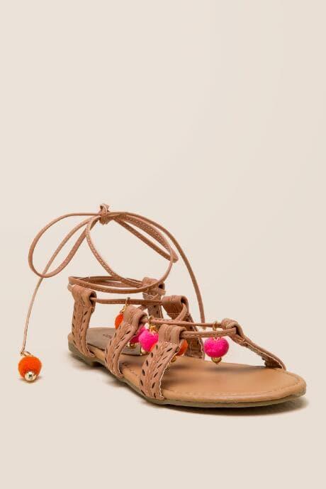 Francesca's Kellie Braided Pom Pom Lace Up Sandal - Tan