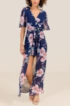 Francesca's Eris Split Sleeve Floral Maxi Romper - Navy