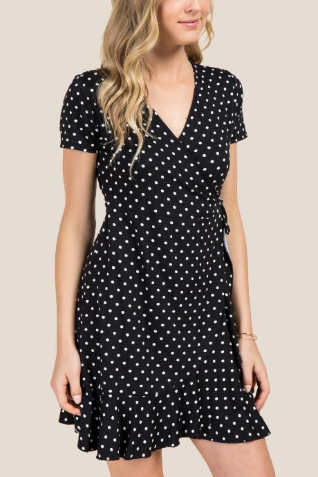 Francesca's Jamie Ruffle Polka Dot Wrap Dress - Black