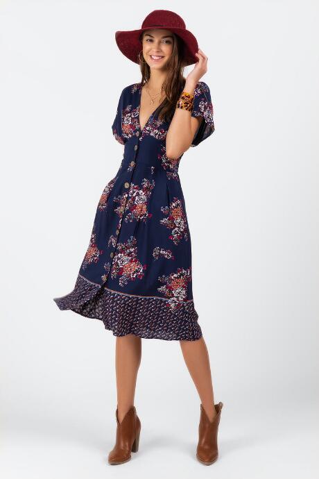 Francesca's Eadlyn Front Button Floral Dress - Navy