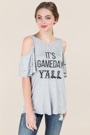 Sweet Claire Inc. It's Gameday Y'all Double Ruffle Graphic Tee - Heather Gray