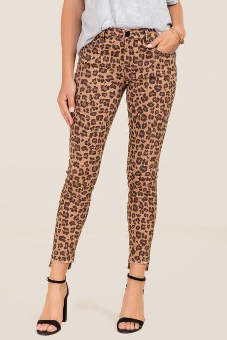 Harper Mid Rise Cheetah Step Hem Skinny Jeans - Tan