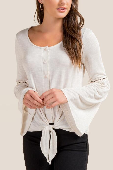 Francesca's Veronica Button Down Tie Front Top - Heather Oat
