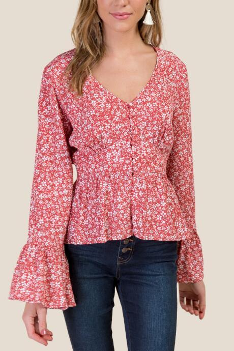 Francesca's Gracie Buttoned Peplum Top - Rust