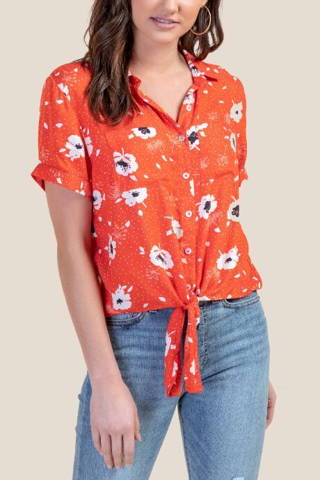 Francesca's Adriane Floral Button Down Top - Bright Red
