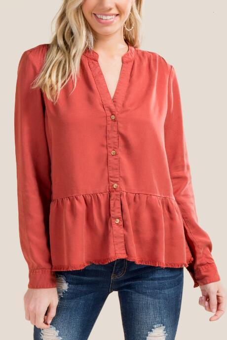Francesca's Thandie Button Down Peplum Top - Cinnamon