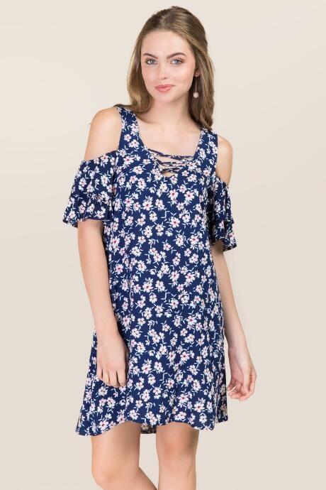 Blue Rain Emery Floral Cold Shoulder Dress - Navy