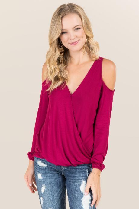 Jolie Clothing, Inc. Joleen Long Sleeve Surplus Cold Shoulder Top - Burgundy