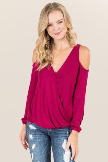 Jolie Clothing, Inc. Joleen Long Sleeve Surplus Cold Shoulder Top - Burgundy