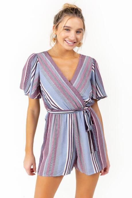 Francesca's Ginger Stripe Tie Waist Romper - Raspberry
