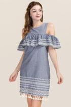 Mi Ami Brittany Embroidery Cold Shoulder Dress - Chambray
