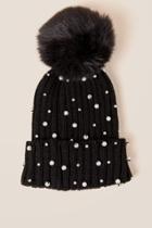 Francesca's Wynn Pearl Fur Pom Beanie - Black