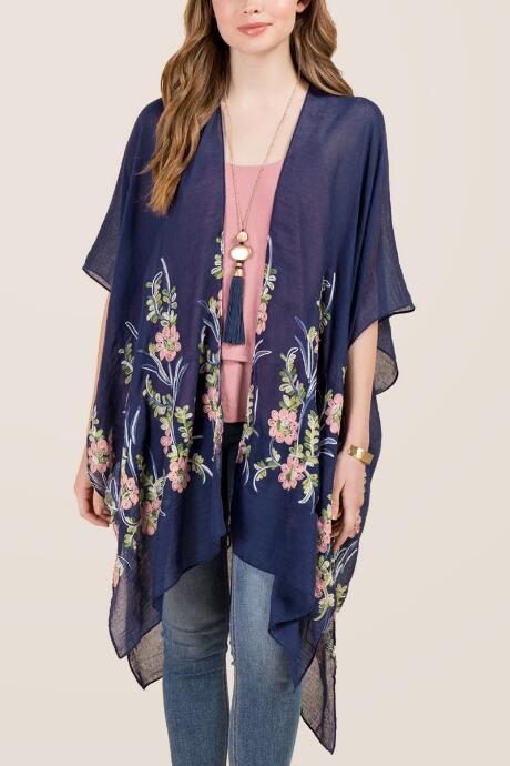 Francescas Kayden Embroidered Floral Ruana - Navy