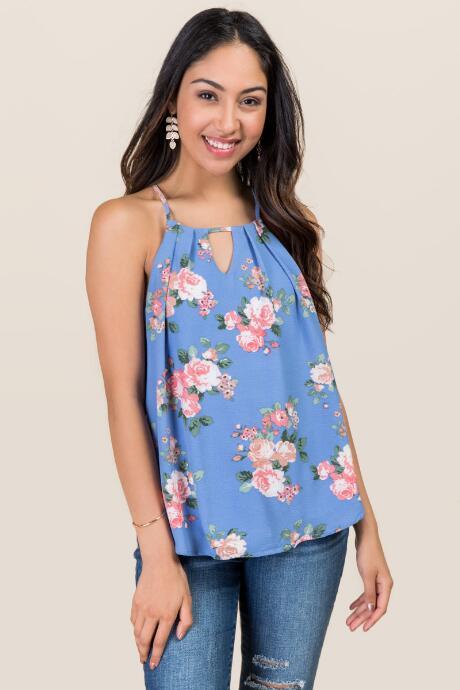 Blue Rain Ember High Neck Keyhole Floral Tank - Blue