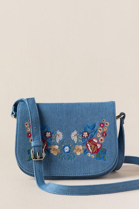 Francesca's Diane Floral Denim Saddle Crossbody - Light Blue