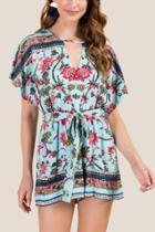 Francesca's Danielle Keyhole Neck Floral Border Romper - Light Blue