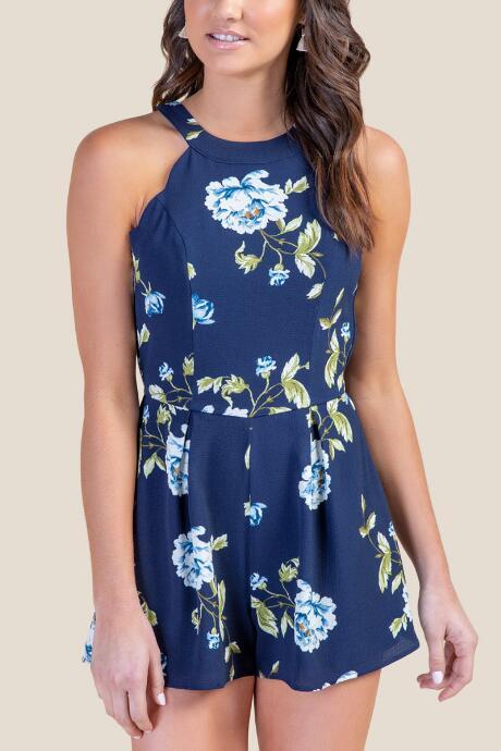 Francesca's Wendy Floral Scalloped Romper - Navy